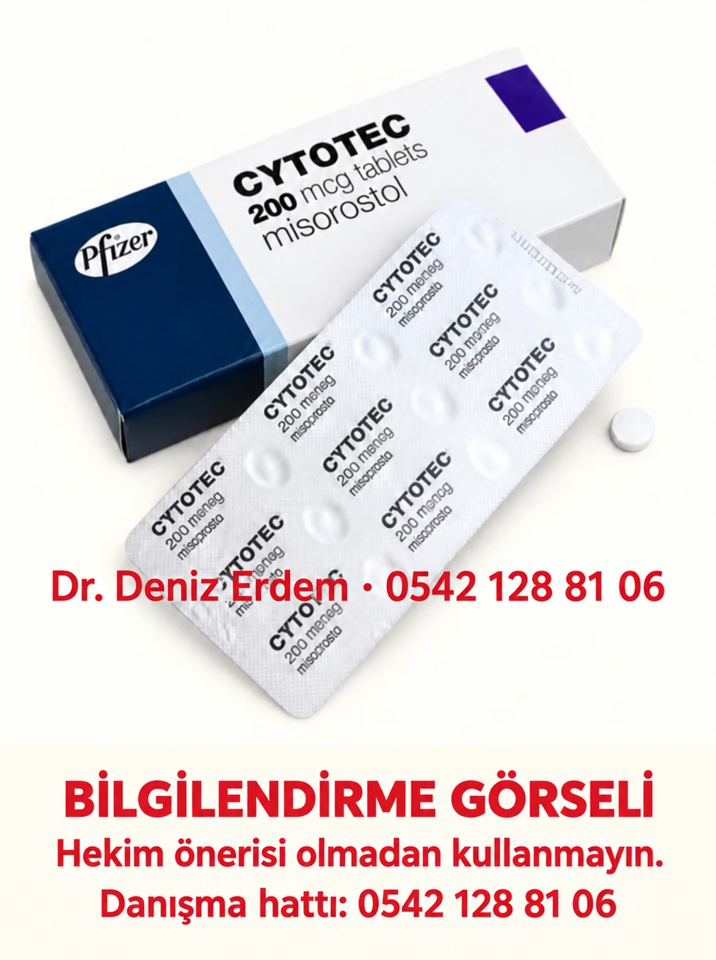 Misoprostol içeren ürünün bilgilendirme amaçlı, danışma hattı filigranlı ambalaj görseli